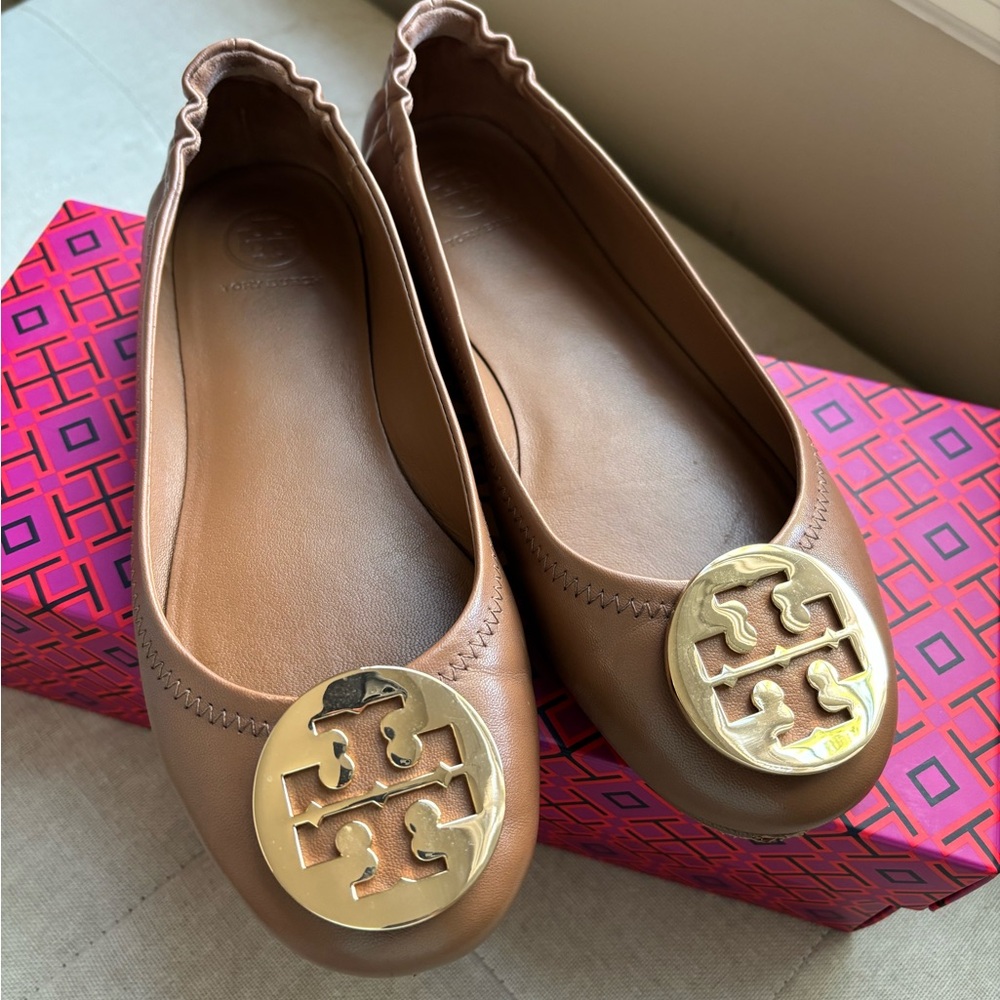 Tory Burch Tan Leather Minnie Travel Ballet with Gold Metal Logo